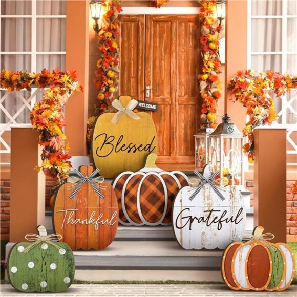 Set of 6 Farmhouse Outdoor Fall Decoration for Home Pumpkin Fall Porch Signs - Picture 1 of 7